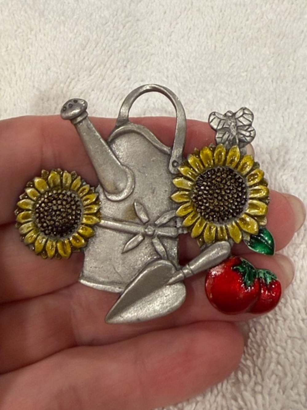Garden Watering Can Pin Brooch with Yellow Sunflowers and Red Tomato Accent